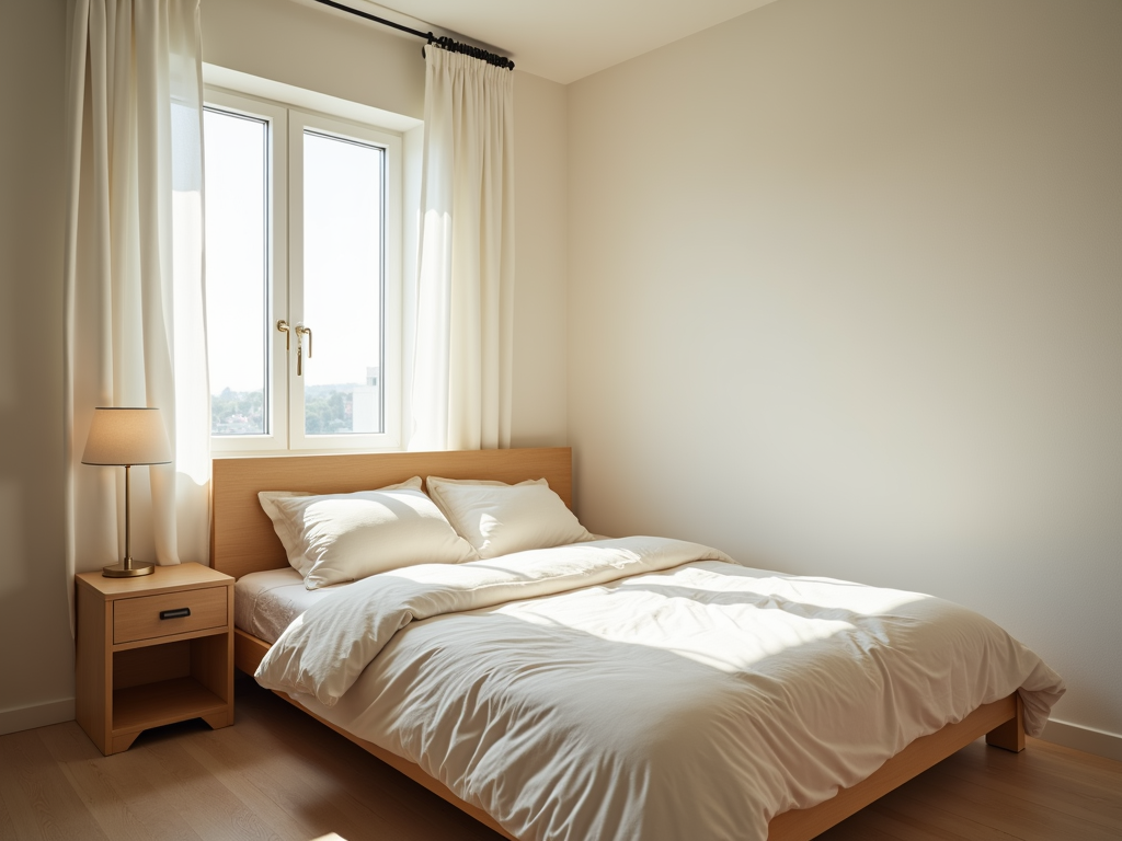 Ein helles Schlafzimmer mit nur einem Bett, einem Nachttisch und einer Lampe.