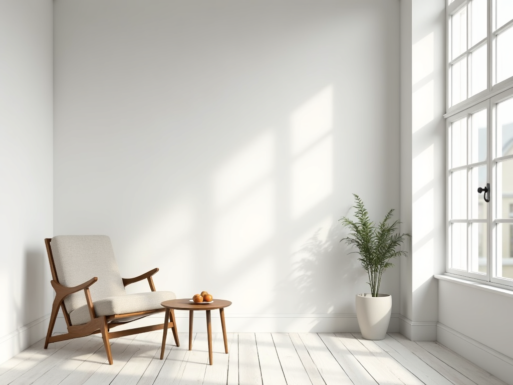 Ein minimalistisches Wohnzimmer, das Ruhe und Einfachheit ausstrahlt.