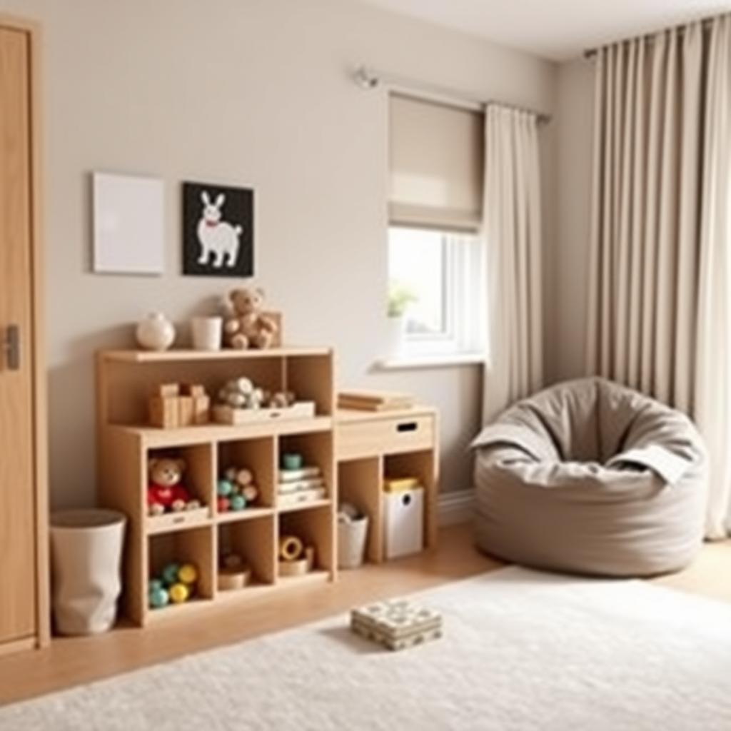 Ein ordentliches Kinderzimmer mit einem kleinen Holzregal, das wenige hochwertige Spielsachen enthält.