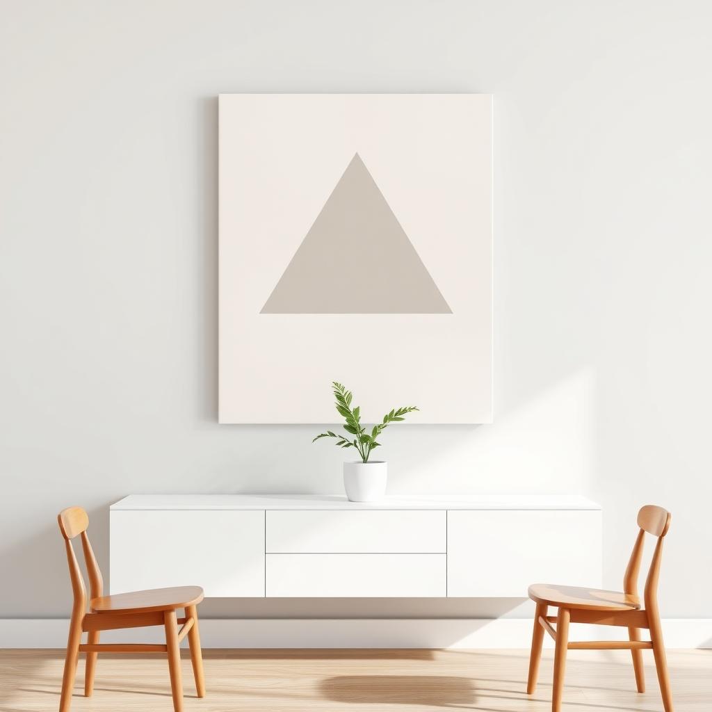 Minimalistisches Wandbild mit einem grauen Dreieck auf beigem Hintergrund, ungerahmt, über einer weißen Konsole in einem minimalistischen Esszimmer.