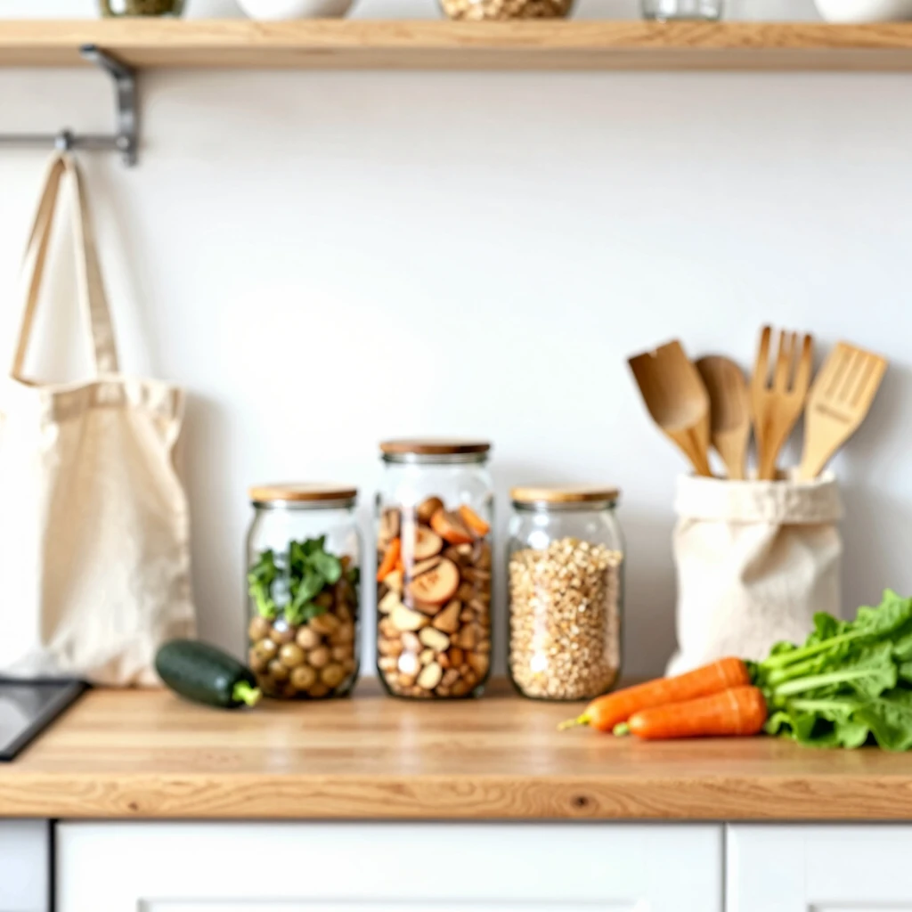 Nachhaltige Zero-Waste-Küche mit Glasbehältern, frischem Gemüse und wiederverwendbaren Produkten