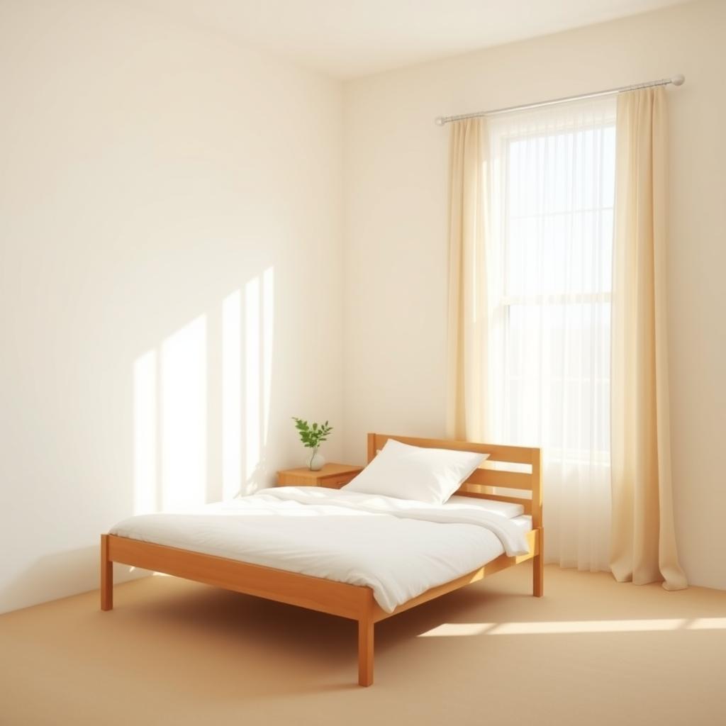 Ein minimalistisches Schlafzimmer mit einem schlichten Holzbett, weißer Bettwäsche und einer einzelnen Topfpflanze auf einem Nachttisch.