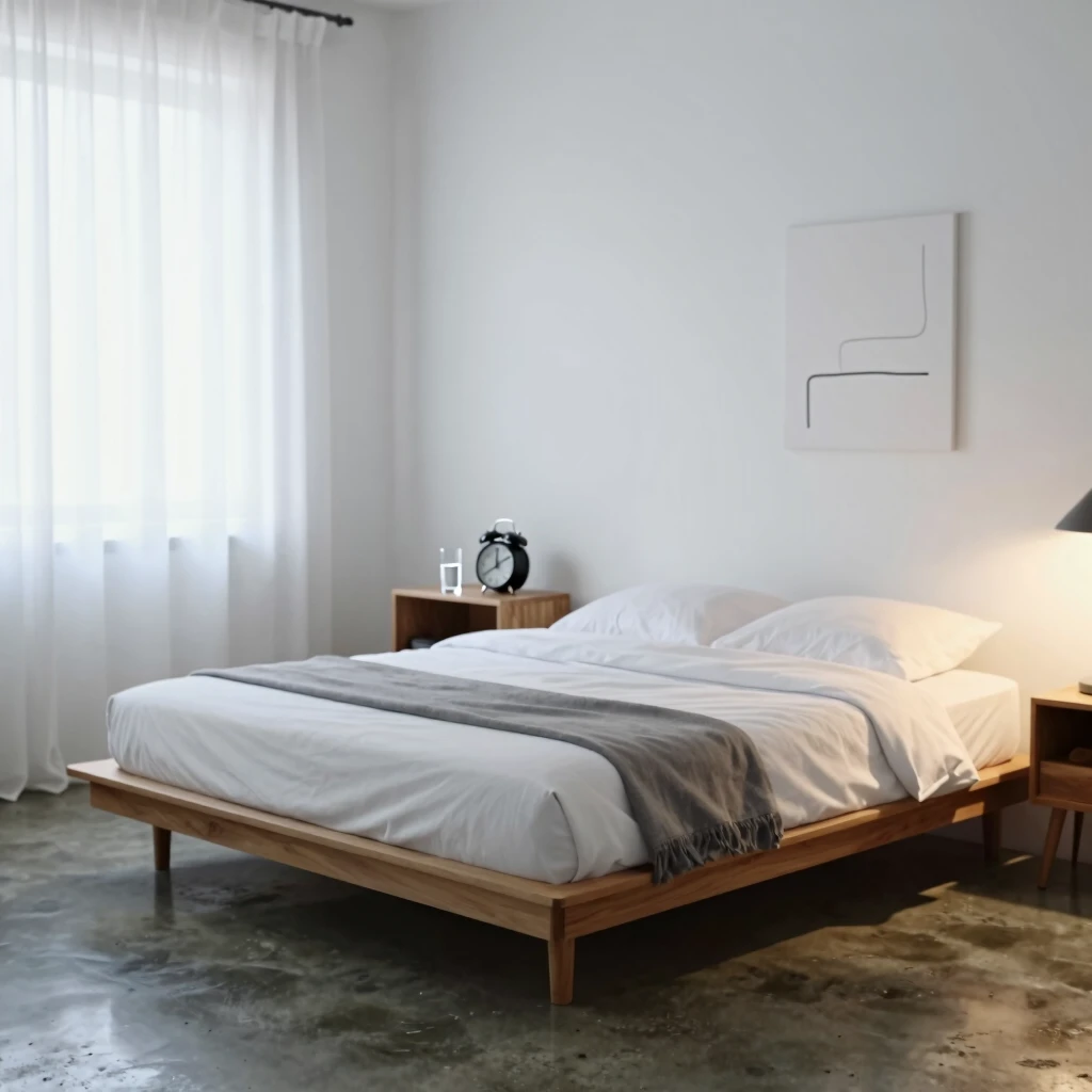 Schlichtes minimalistisches Schlafzimmer bei Dämmerung