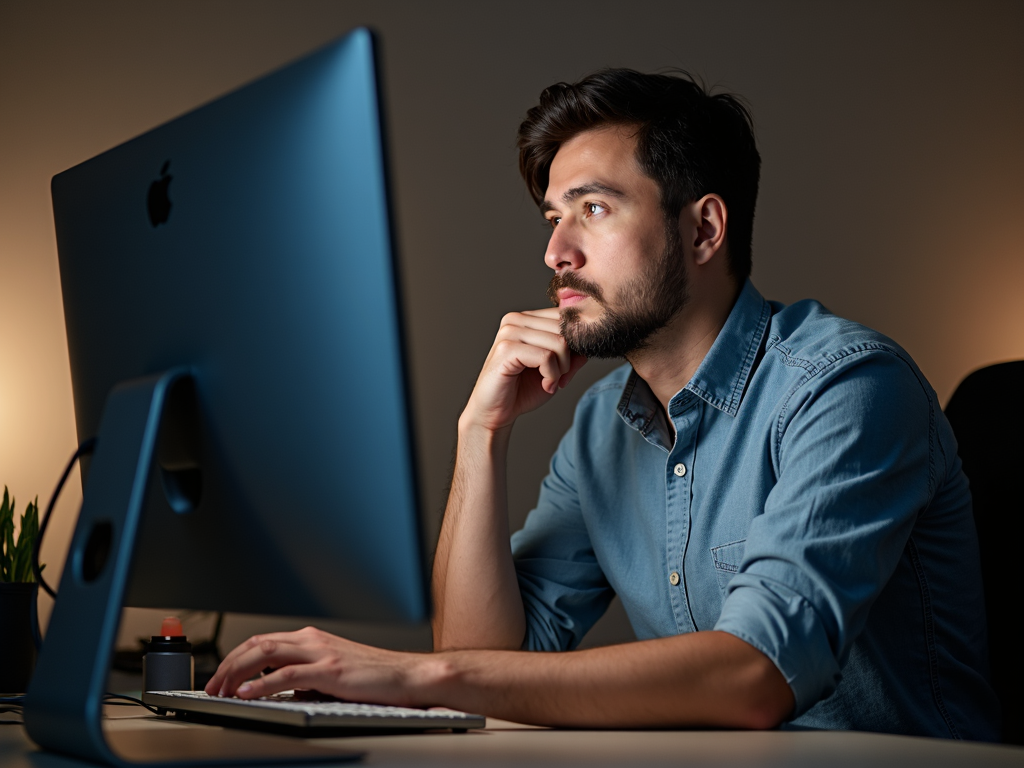 Eine Person betrachtet nachdenklich ihren aufgeräumten Computerbildschirm