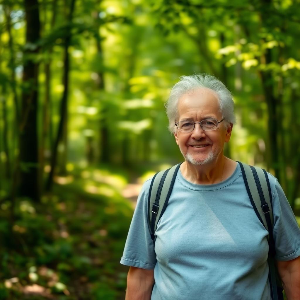 Eine Person über 50 wandert auf einem ruhigen Waldweg, trägt einfache Kleidung und einen kleinen Rucksack, umgeben von Sonnenlicht und Natur.