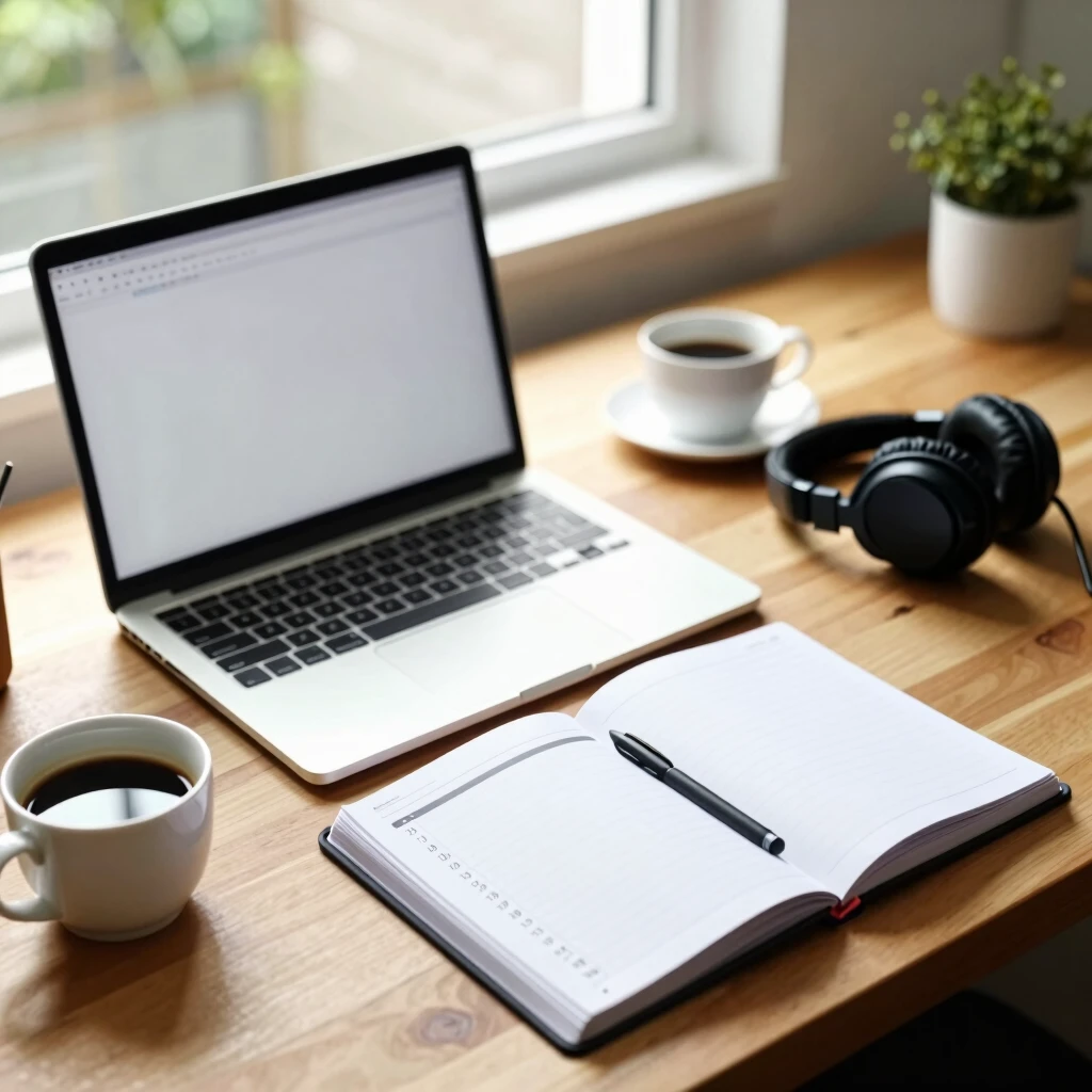 Ruhiger, organisierter Arbeitsplatz mit Laptop, Planer, Kaffee und natürlichem Licht – Symbol für fokussiertes Arbeiten