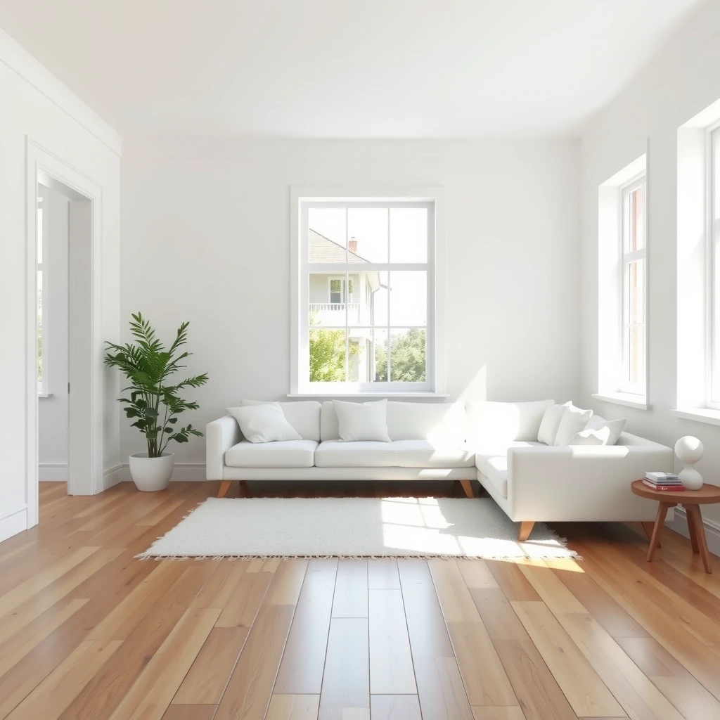 Ein ruhiges, minimalistisches Wohnzimmer mit weißen Wänden, Holzboden, einfachem Sofa und einer Pflanze im natürlichen Licht