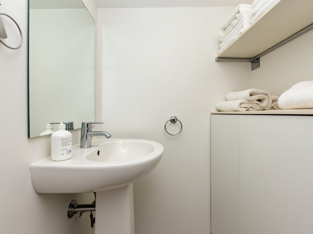 Minimalistisches Badezimmer mit sauberer Waschbeckenzone und ordentlich gefalteten Handtüchern