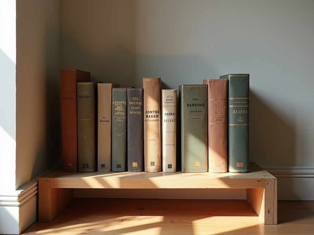 Ein niedriges Holzregal mit einer Reihe Büchern, nach Größe sortiert.