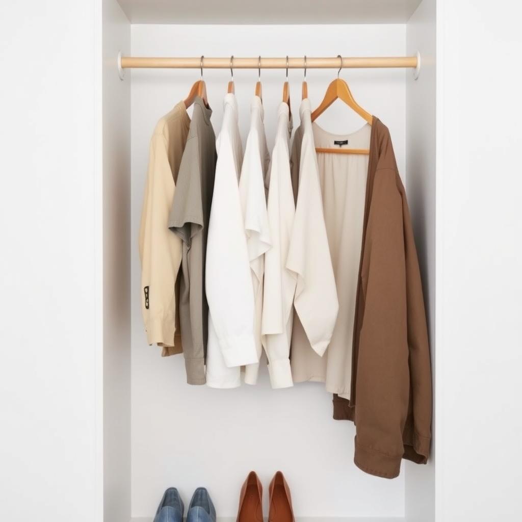 Ein ordentlicher, minimalistischer Kleiderschrank mit wenigen Kleidungsstücken auf Holzbügeln, neutralen Farben und einer sauberen weißen Wand im Hintergrund.