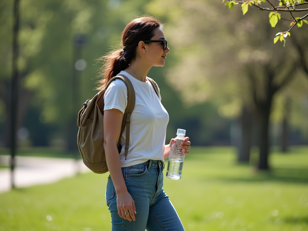 Eine Person mit einer Trinkflasche spaziert entspannt durch einen Park.