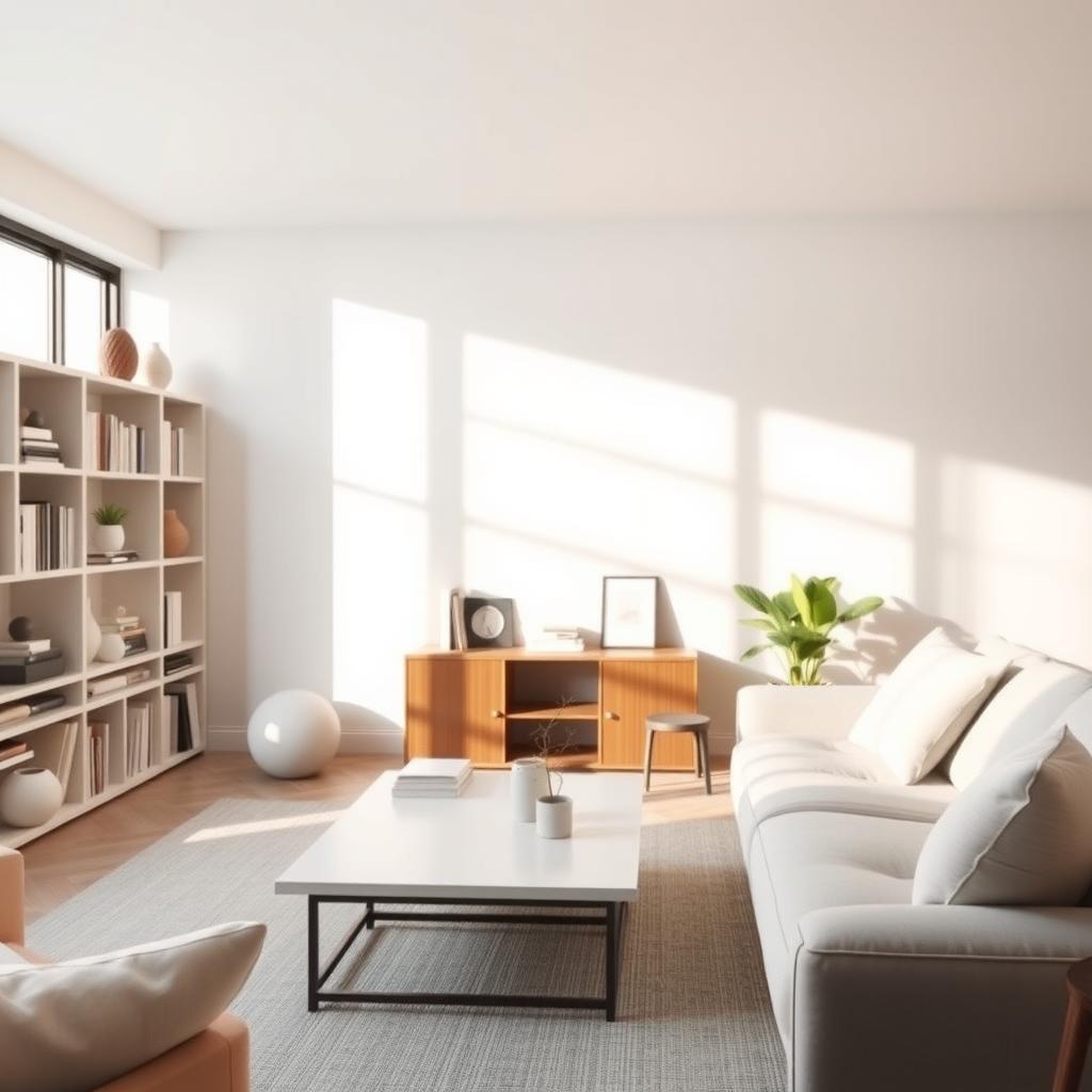 Ein minimalistisches Wohnzimmer mit ordentlichem Bücherregal, einem sauberen Couchtisch mit einer Pflanze und weichem Tageslicht.