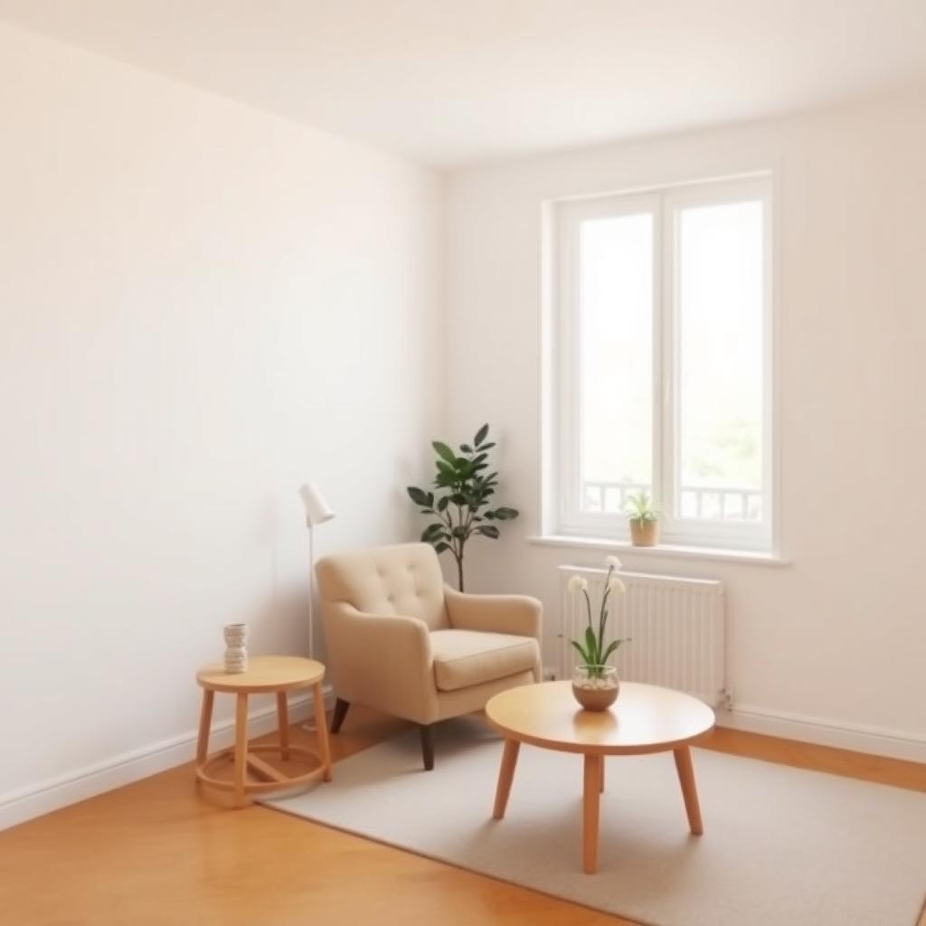 Gemütliches, minimalistisches Wohnzimmer mit einem Sessel, einem kleinen Holztisch und einer Topfpflanze neben einem großen Fenster.