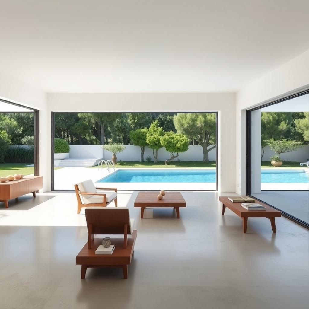 Innenansicht der Neuendorf Villa von John Pawson auf Mallorca, mit weißen Wänden, minimalem Mobiliar und großen Fenstern mit Blick auf einen türkisfarbenen Pool.