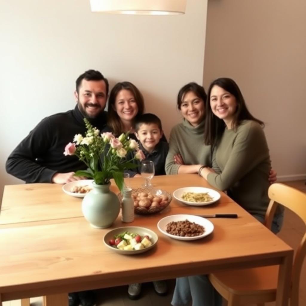 Eine Familie sitzt zusammen in einem minimalistischen Essbereich mit einem schlichten Holztisch, wenigen Tellern mit selbstgemachtem Essen und einer kleinen Vase mit frischen Blumen.