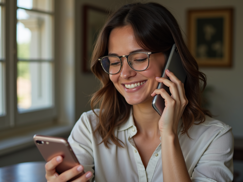 Eine Person schaltet ihr Handy aus und lächelt.