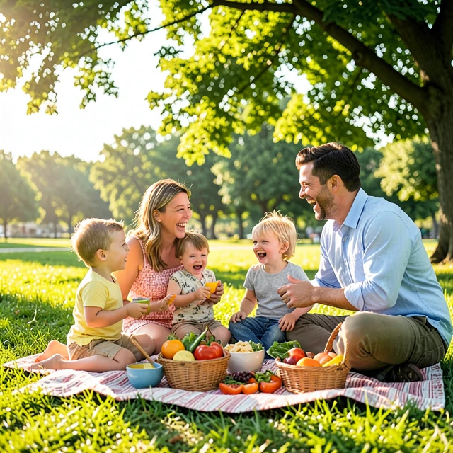 Familie genießt ein Picknick in der Natur ohne digitale Ablenkungen