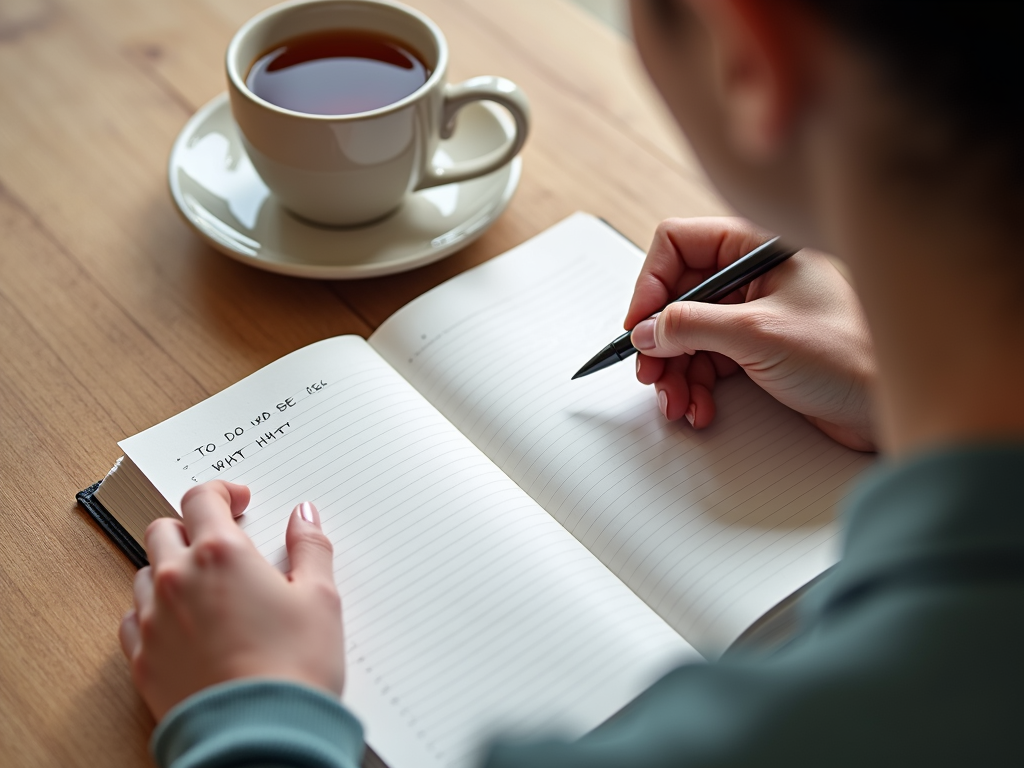 Eine Person schreibt eine To-do-Liste in ein Notizbuch mit einer Tasse Tee daneben, als Teil einer Morgenroutine.