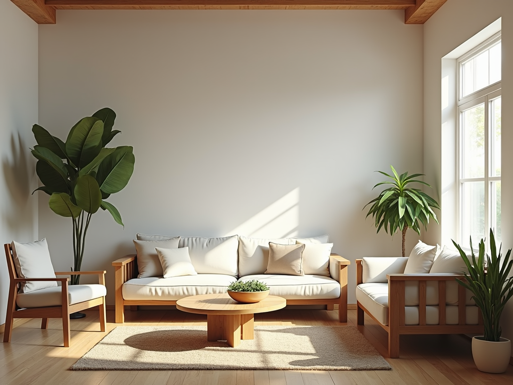 Ein minimalistisches Wohnzimmer mit natürlichem Licht und wenigen, ausgewählten Möbelstücken.