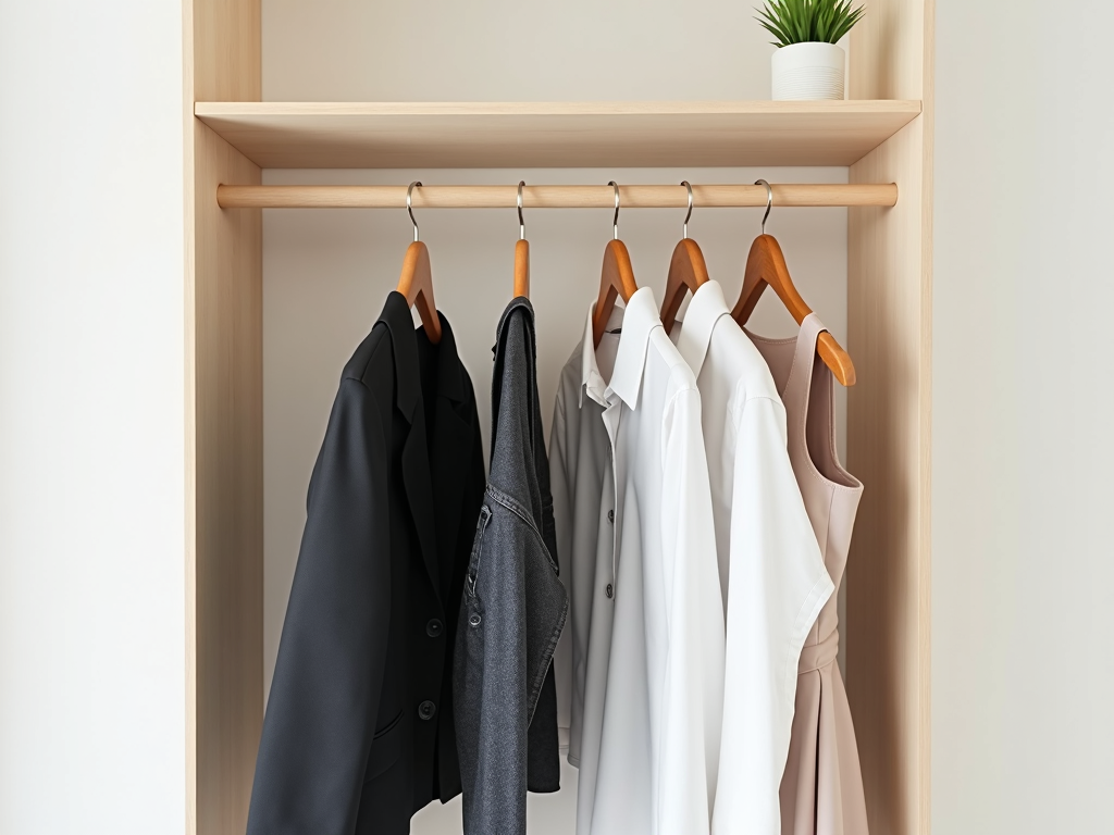 Ein aufgeräumter minimalistischer Kleiderschrank mit essenziellen Kleidungsstücken.