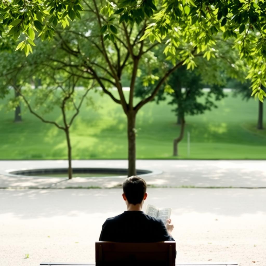 Eine ruhige Parkszene mit einer Person, die auf einer Holzbank sitzt und ein Buch liest, umgeben von einem minimalistischen Park mit einem Baum und einem kleinen Teich.