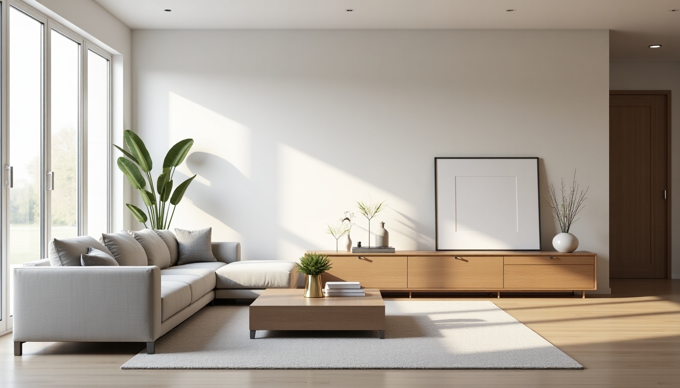 A clean and organized living room featuring minimalist design and decor.