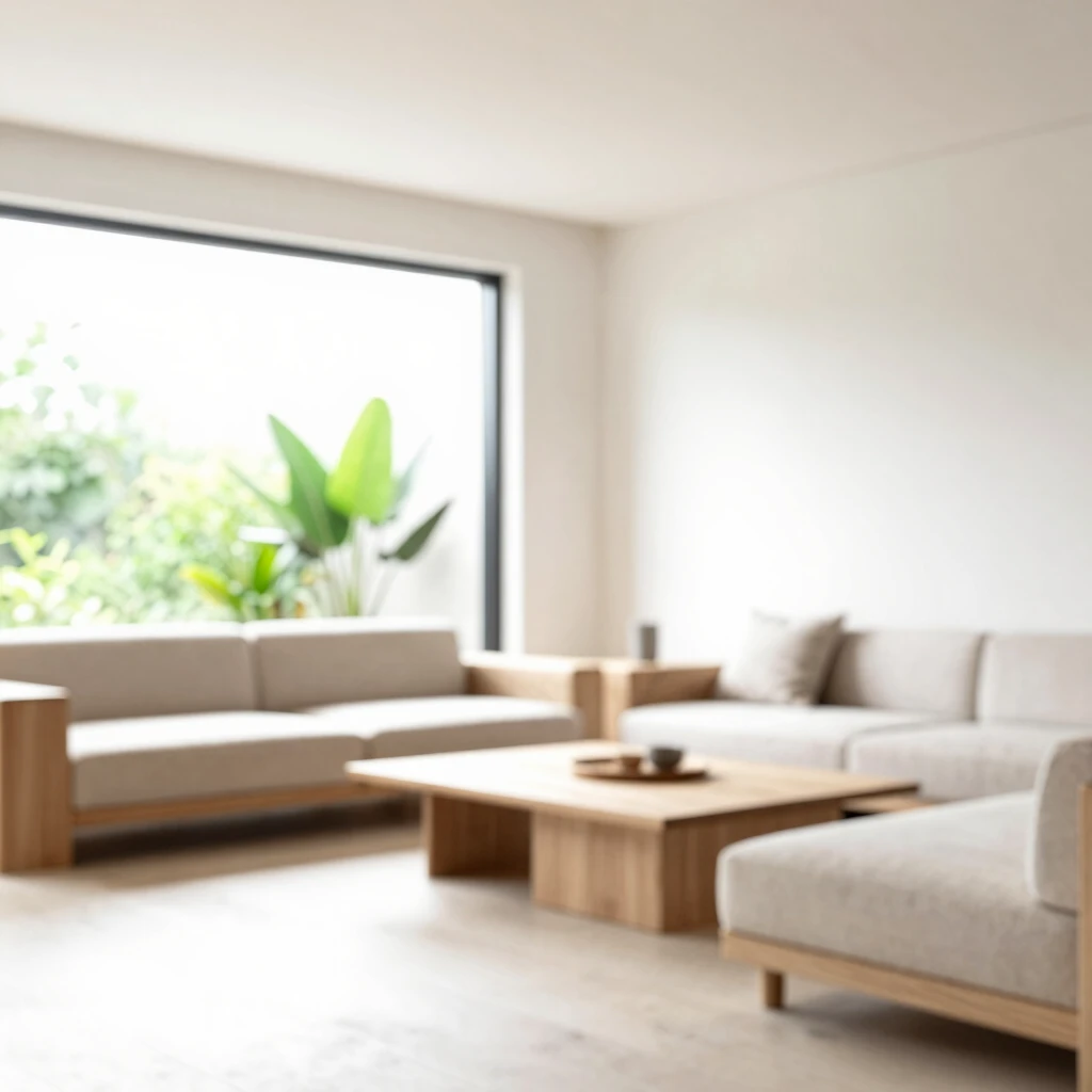 Helles, luftiges minimalistisches Wohnzimmer mit natürlichen Materialien, Pflanzen und viel Platz