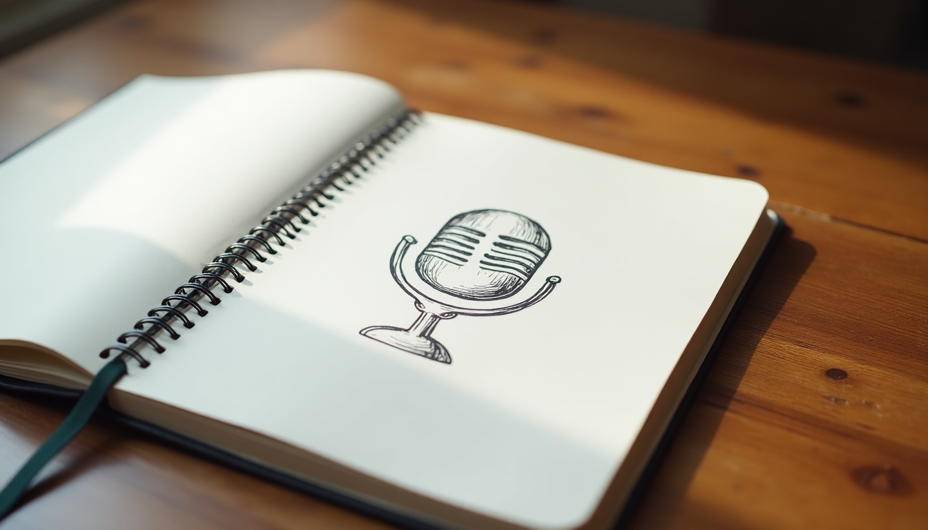 Minimalist podcast logo sketch on a notebook, showcasing simplicity and creativity.