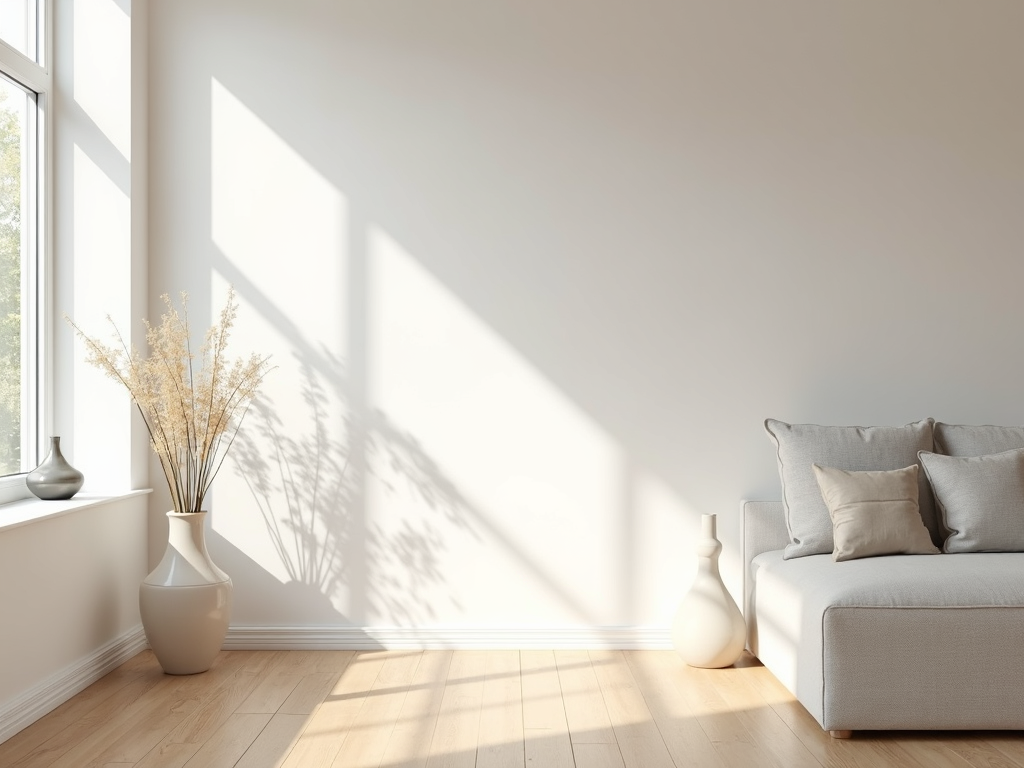 Ein ruhiger, minimalistischer Wohnraum mit klaren Linien, natürlichem Licht und einigen sorgfältig ausgewählten Gegenständen.
