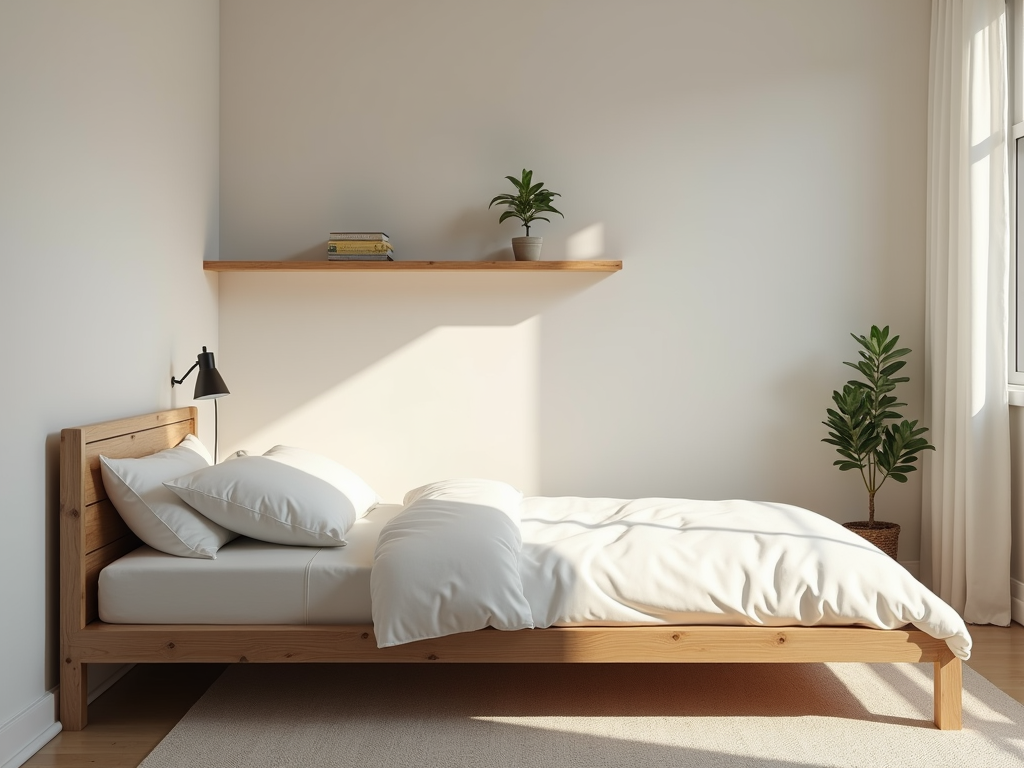 Gemütliches minimalistisches Schlafzimmer mit einfachem Bett.