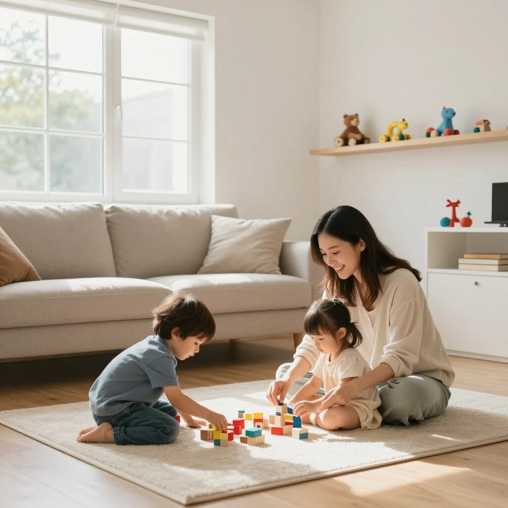 Ein aufgeräumtes, helles Wohnzimmer mit wenigen, hochwertigen Spielsachen und einer glücklichen Familie beim gemeinsamen Spielen