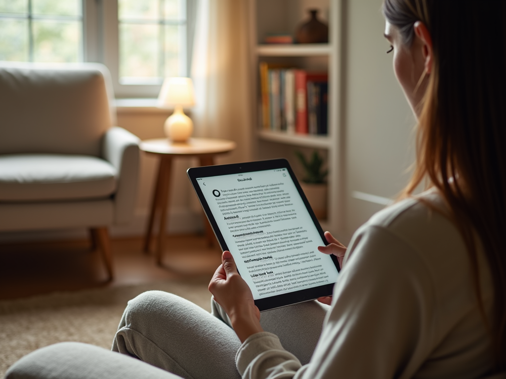 Eine Person sitzt in einer gemütlichen, minimalistischen Leseecke mit einem Tablet in der Hand, auf dem die Pocket-App mit einer Liste gespeicherter Artikel angezeigt wird.