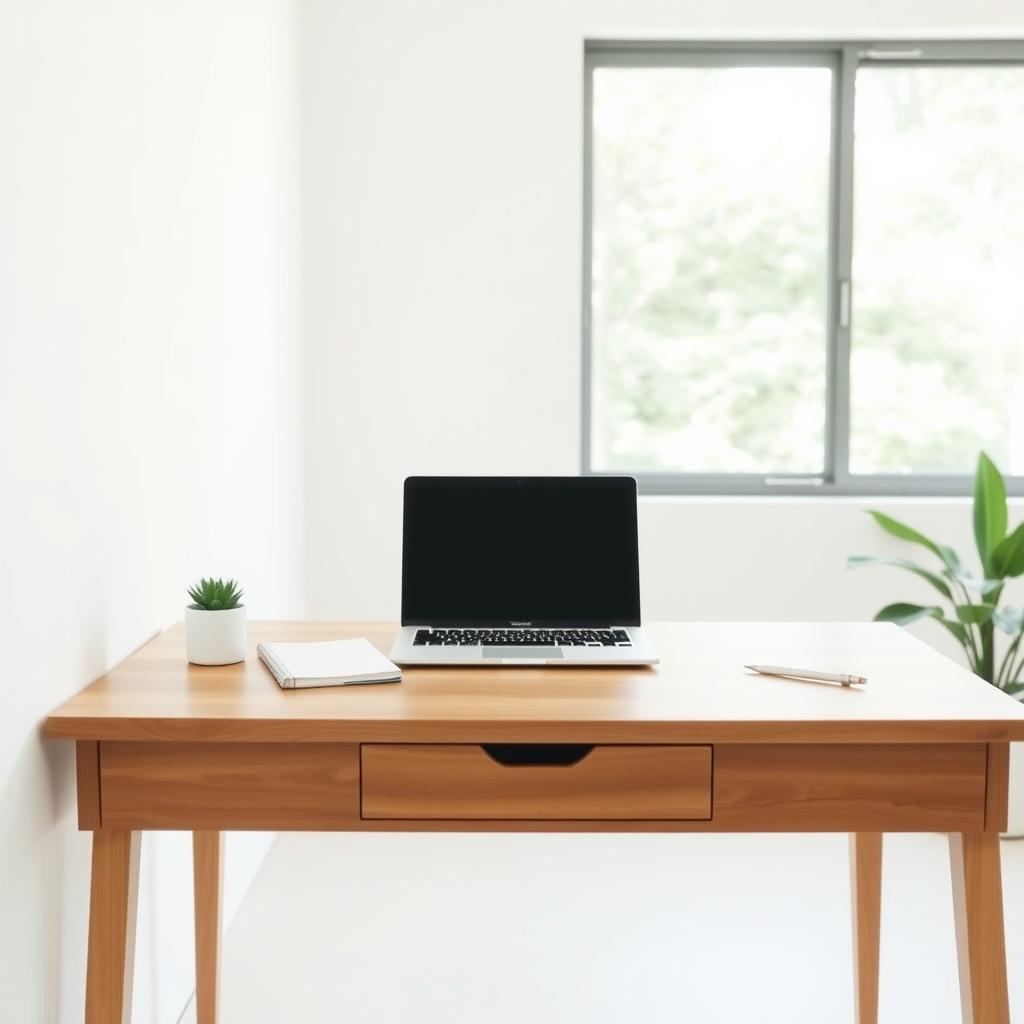 Ein minimalistischer Arbeitsplatz mit einem Holztisch, Laptop, Notizbuch, Stift und einer kleinen Sukkulente.