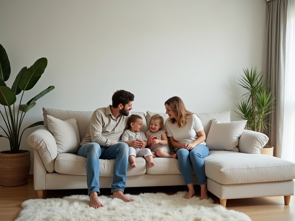 Eine Familie entspannt in einem minimalistischen Wohnzimmer.