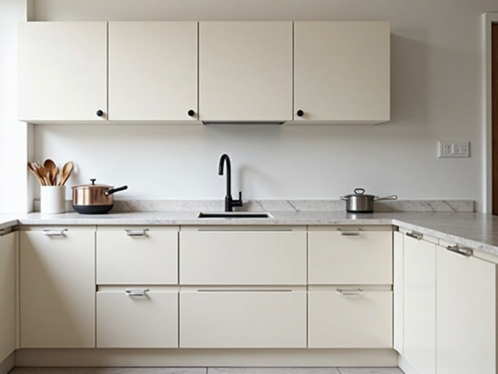 Schlichte Küche mit minimalistischen Schränken und Arbeitsplatte