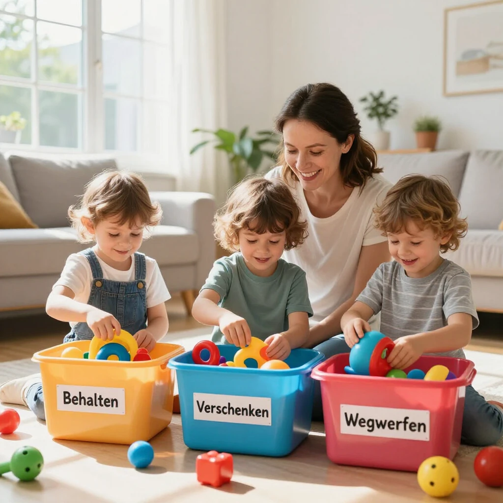 Familie sortiert fröhlich Spielzeug beim gemeinsamen Entrümpeln