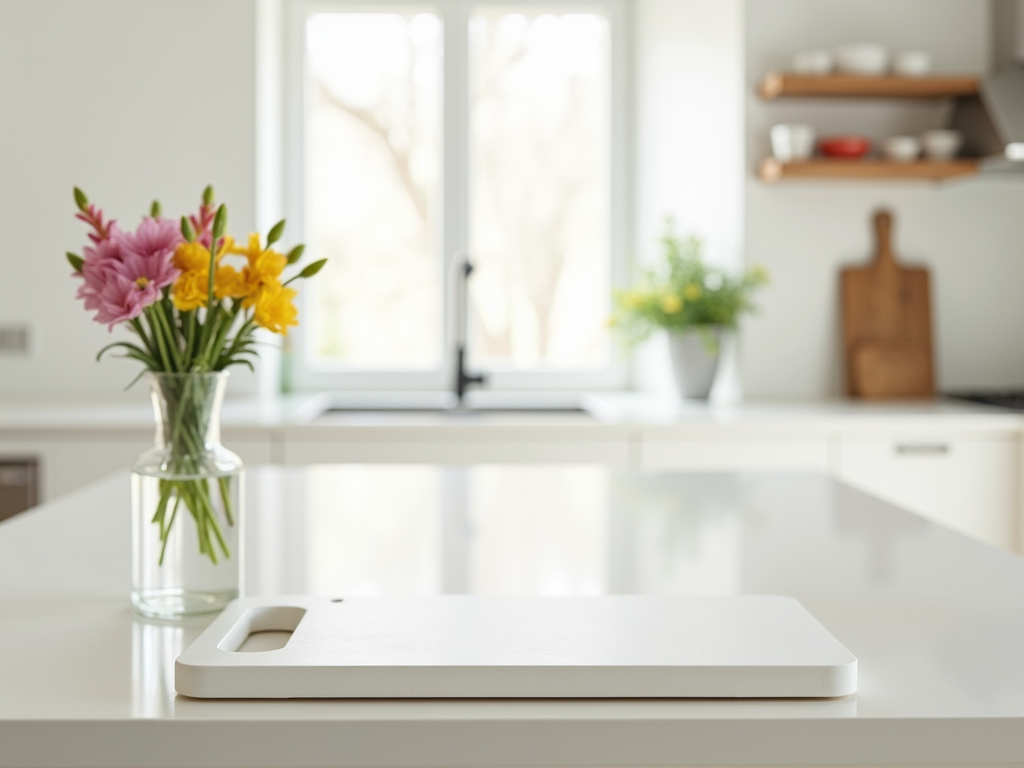 Eine helle, luftige Küche mit sauberer Arbeitsfläche, einem Schneidebrett und einer kleinen Blumenvase als minimalistischer, funktionaler Raum.