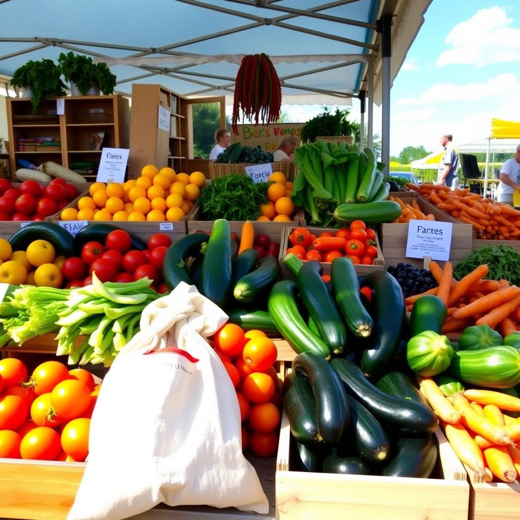 Ein lebhafter Bauernmarktstand mit bunten saisonalen Gemüsen wie Tomaten, Zucchini und Karotten, präsentiert in Holzkisten unter einem sonnigen Himmel, mit einer wiederverwendbaren Stofftasche auf dem Tisch.