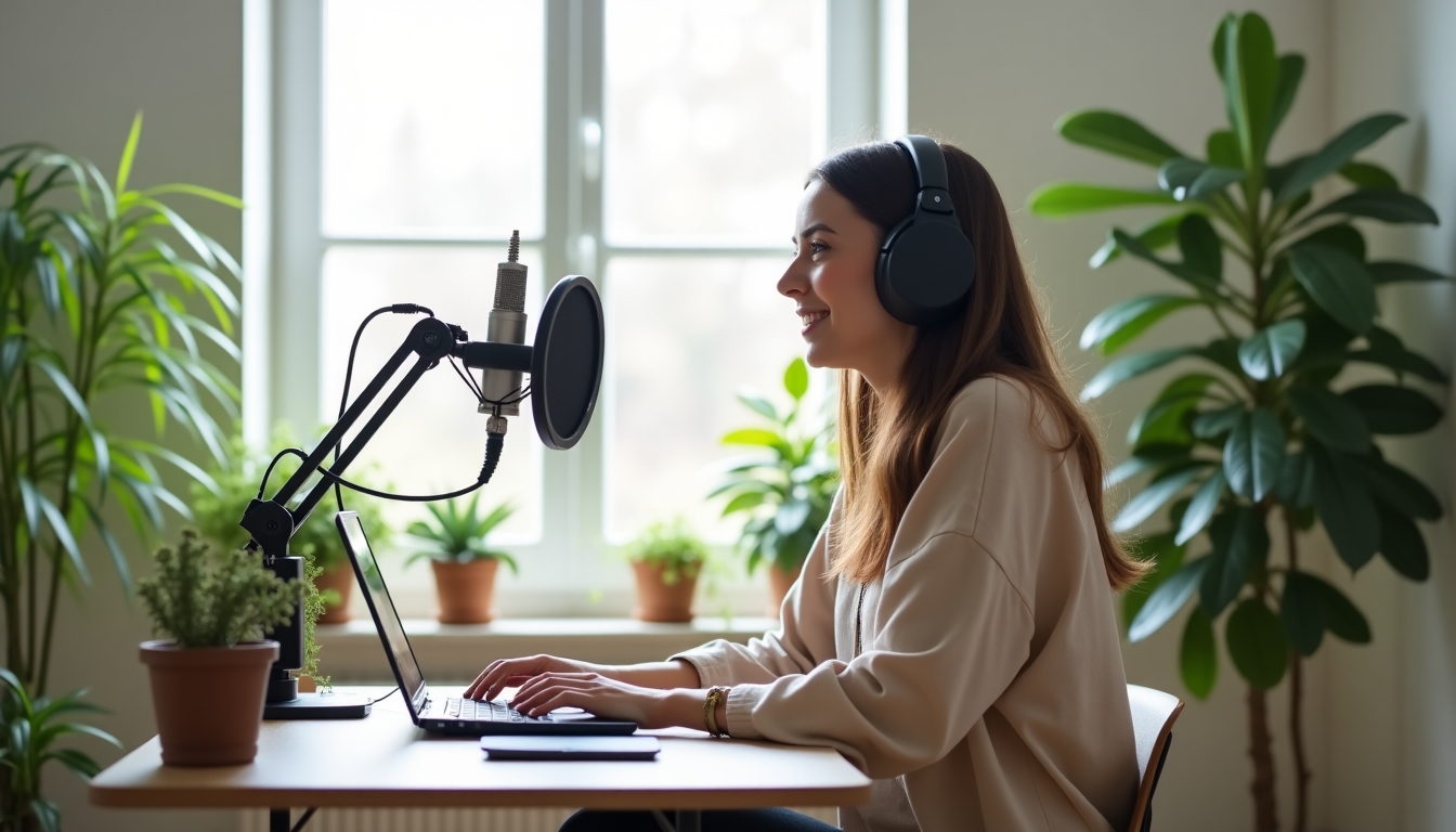Podcaster recording in a simple room with plants and natural elements, reflecting a minimalist environment.