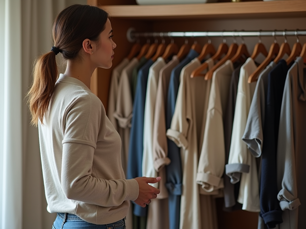 Eine Person wählt entspannt ein Outfit aus einem minimalistischen Kleiderschrank.