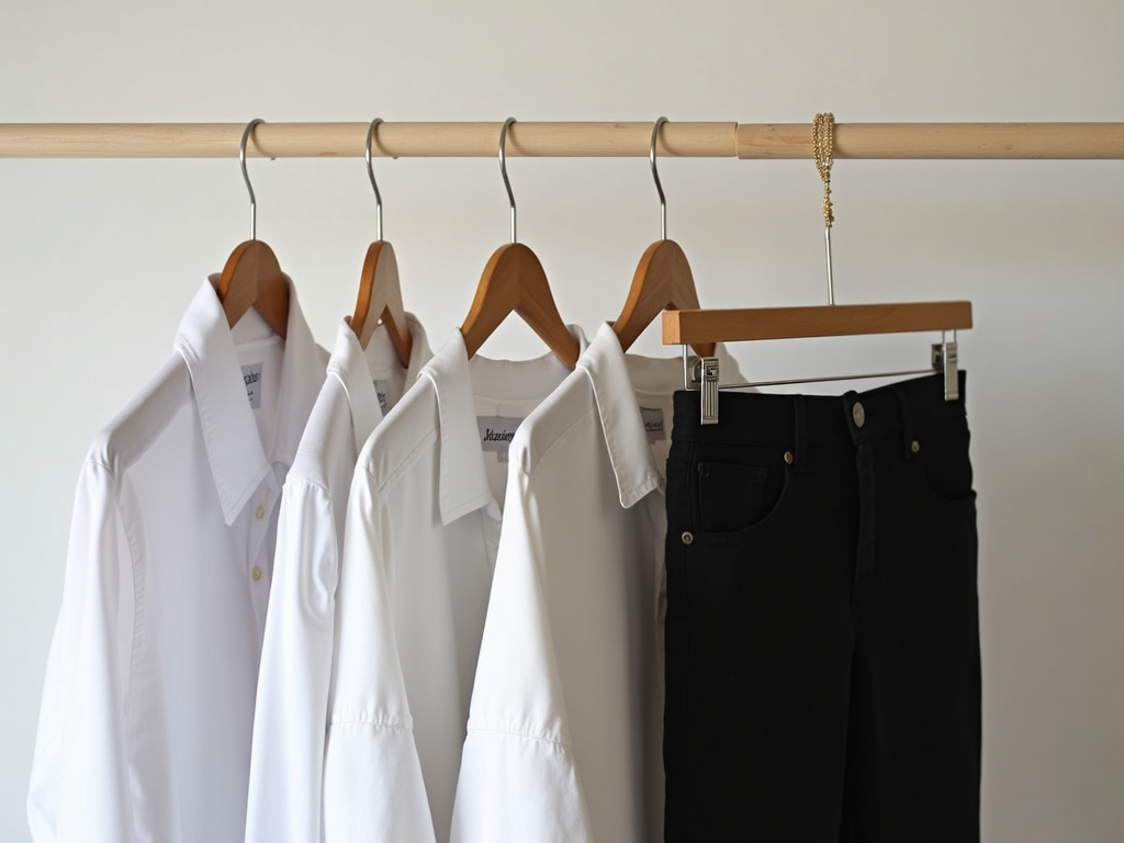 Ein ordentlich arrangierter minimalistischer Kleiderschrank mit fünf Kleiderbügeln, die vielseitige Kleidung wie ein weißes Hemd und schwarze Hosen halten.