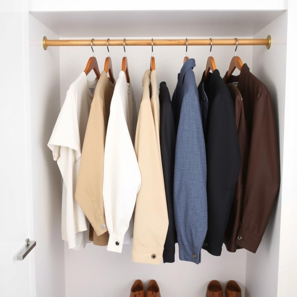 Ein minimalistischer Kleiderschrank mit wenigen, hochwertigen Kleidungsstücken in neutralen Farben, ordentlich auf Holzbügeln arrangiert.