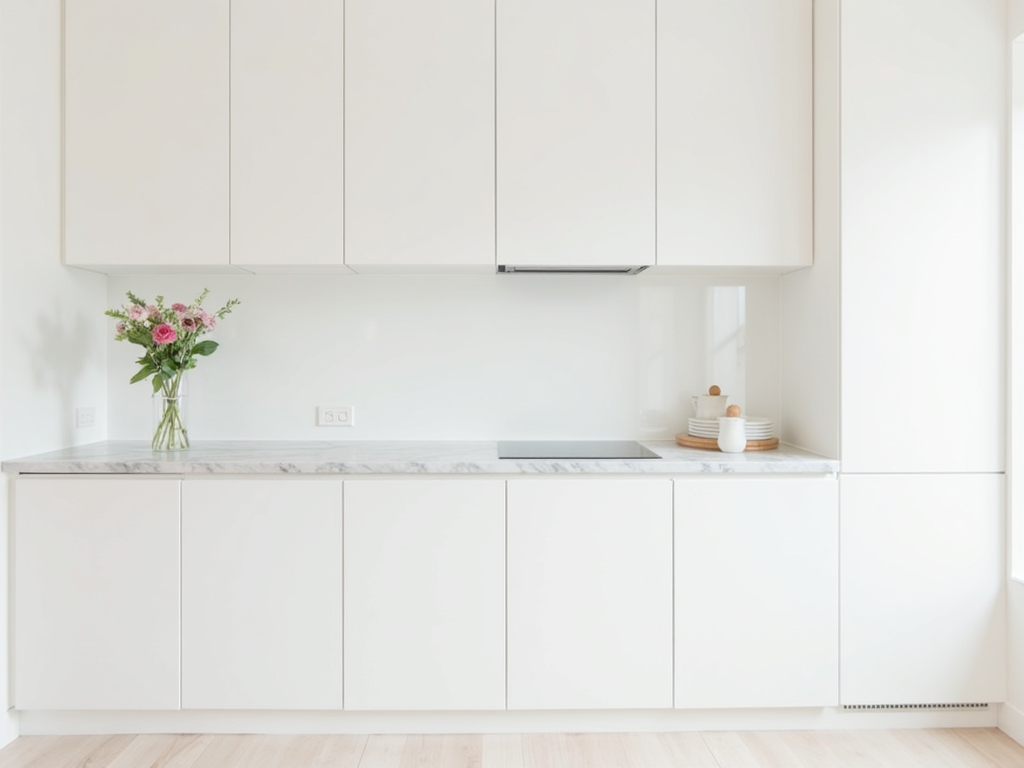 Eine minimalistische Küche mit glatten weißen Schränken, einer Marmorarbeitsplatte und einer einzigen Blumenvase als Blickfang.