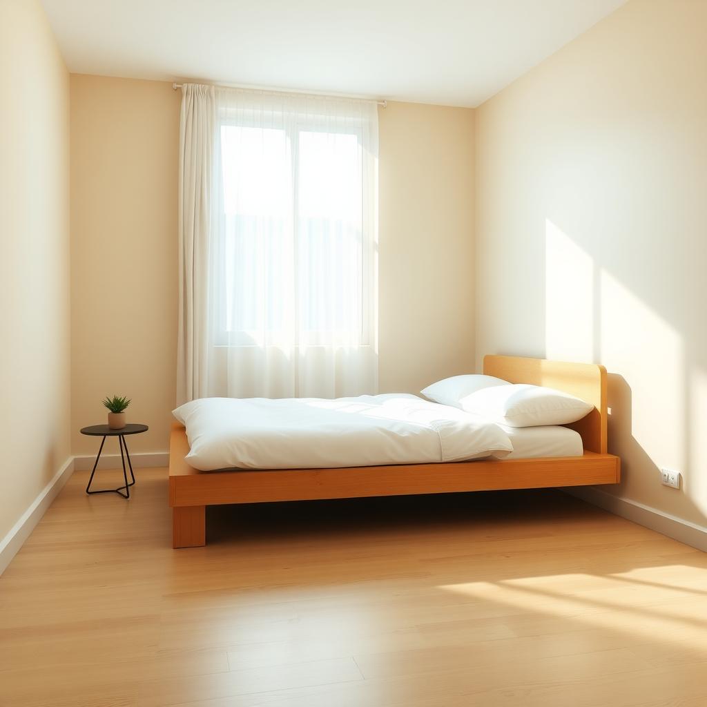 Ein minimalistisches Schlafzimmer mit einem niedrigen Holzbett, weißer Bettwäsche und einer einzelnen Topfpflanze auf einem Nachttisch.
