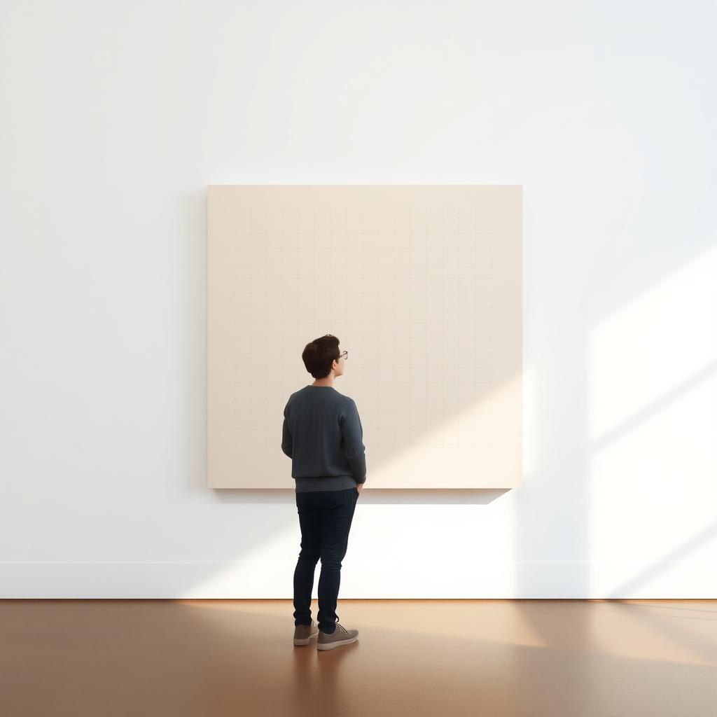 Minimalistisches Kunstwerk von Agnes Martin mit einem zarten Gittermuster in einer hell beleuchteten Galerie.