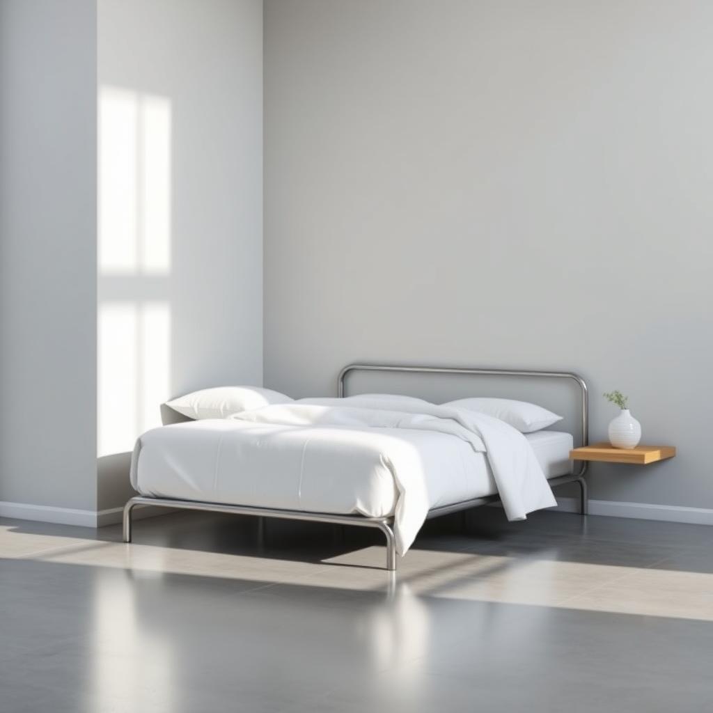 Ein minimalistisches Schlafzimmer mit einem niedrigen Metallbett, weißer Bettwäsche und einem schwebenden Nachttisch mit einer grünen Pflanze.