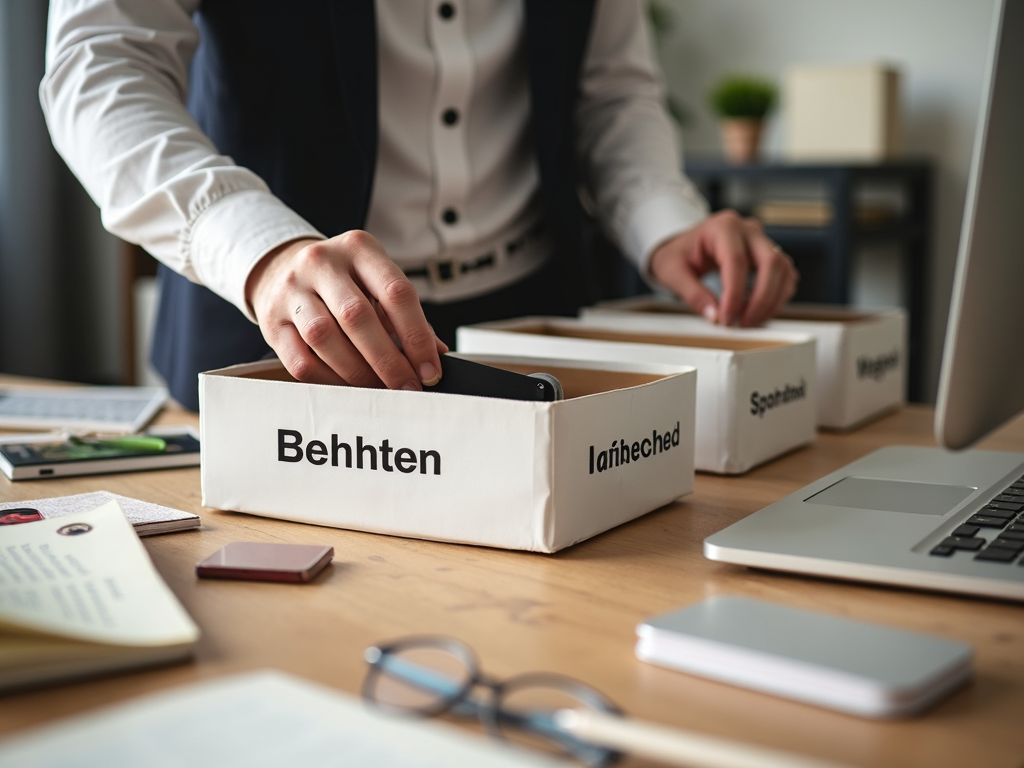 Eine Person organisiert einen Schreibtisch und sortiert Gegenstände in drei beschriftete Kisten: 'Behalten', 'Spenden', 'Wegwerfen'.