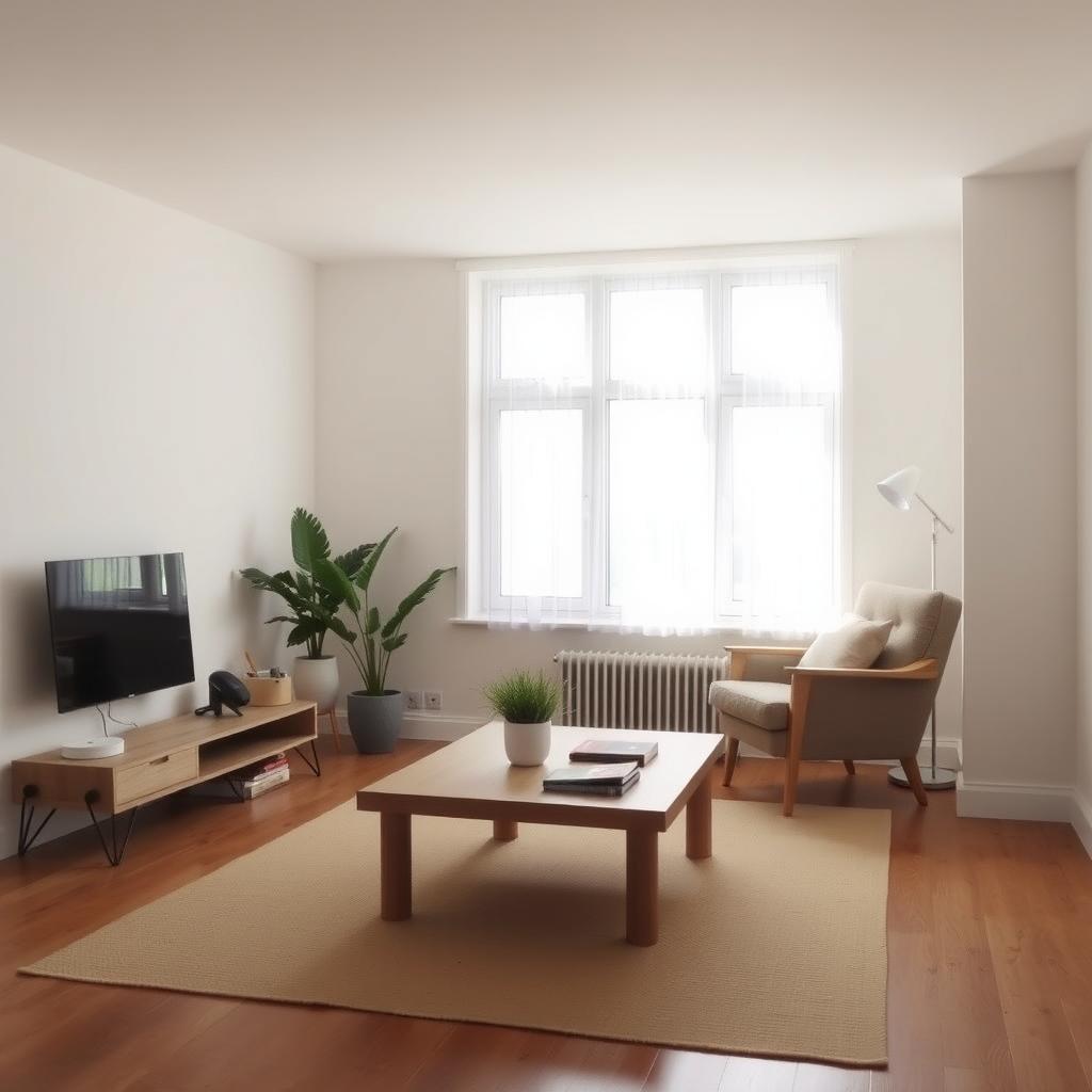 Ein gemütliches, minimalistisches Wohnzimmer mit neutralen Farben, einem einfachen Holztisch, einer Topfpflanze und einem Sessel am Fenster.