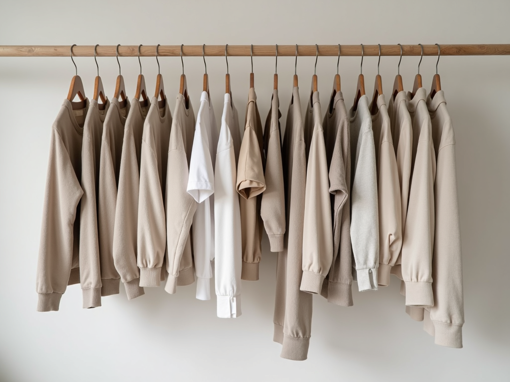 Ein minimalistischer Kleiderschrank mit neutraler Kleidung