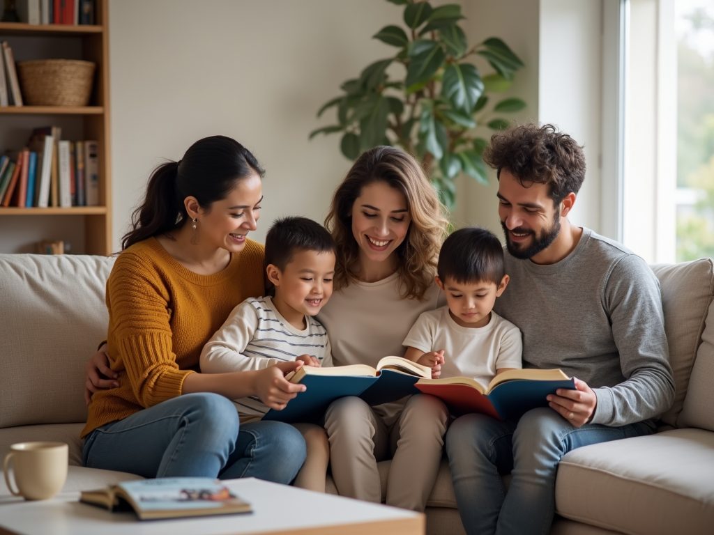 Eine Familie sitzt gemütlich im Wohnzimmer, liest Bücher und unterhält sich.